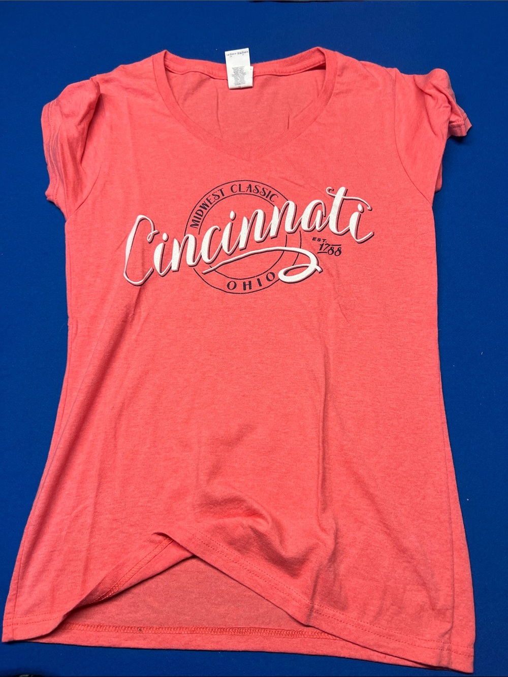Gildan Coral Pink Cincinnati Script V-Neck Tee